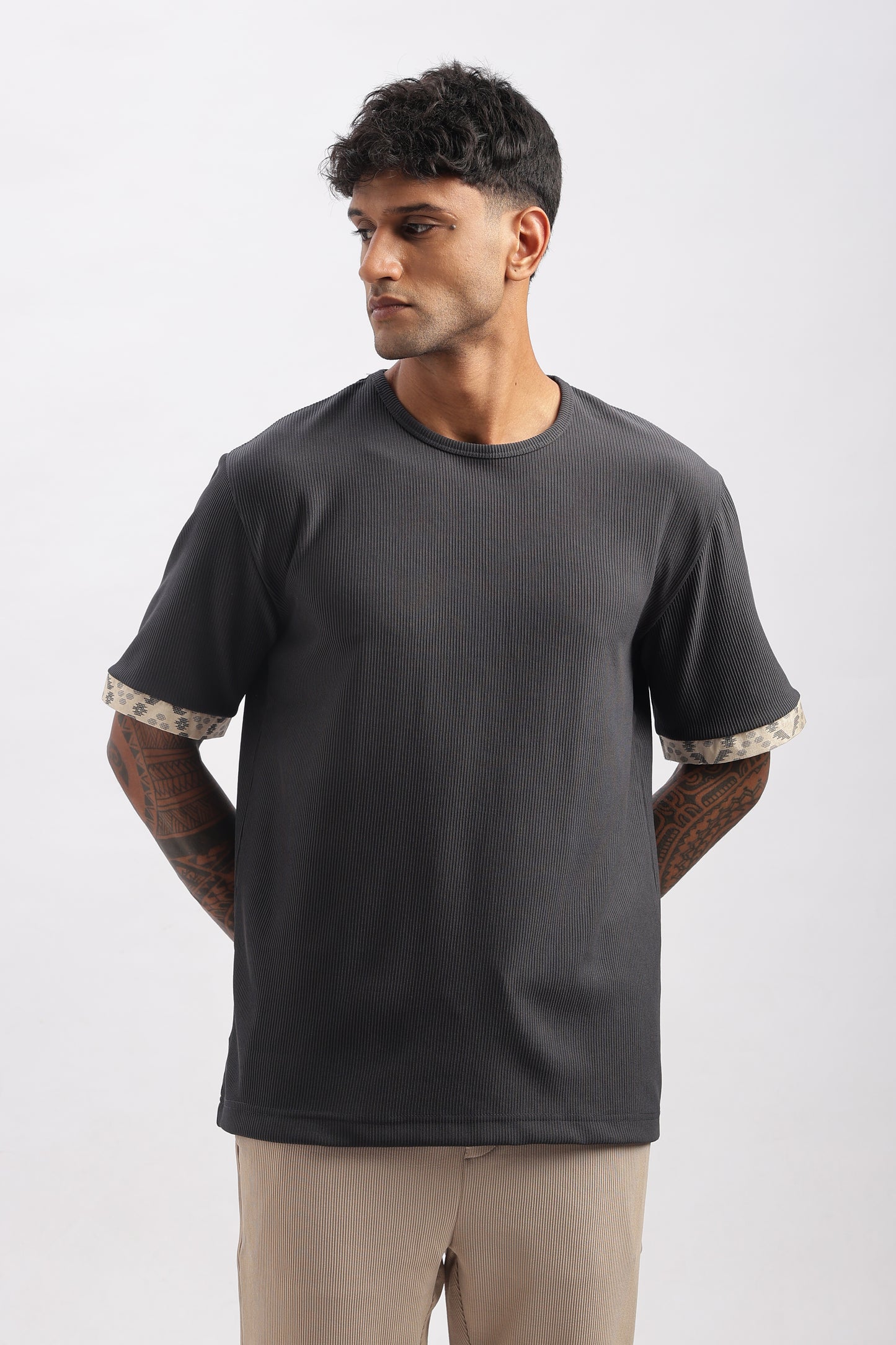 TEXTURED TEE WITH SAREE PRINT DETAIL