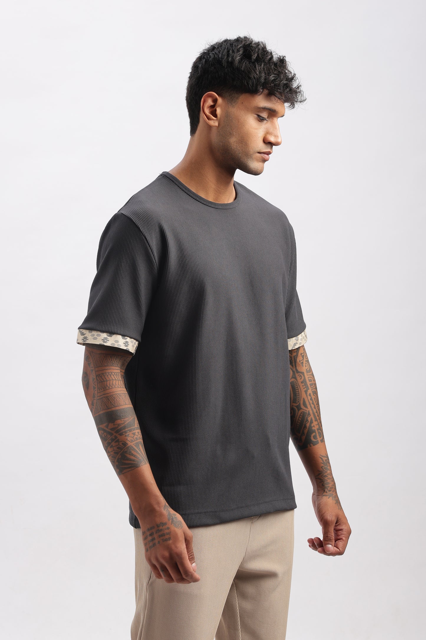TEXTURED TEE WITH SAREE PRINT DETAIL