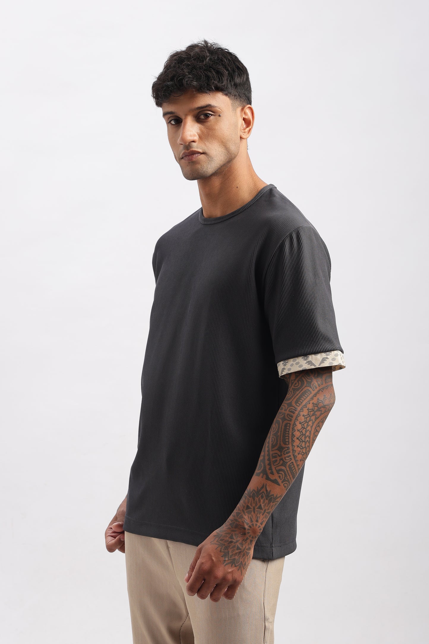 TEXTURED TEE WITH SAREE PRINT DETAIL