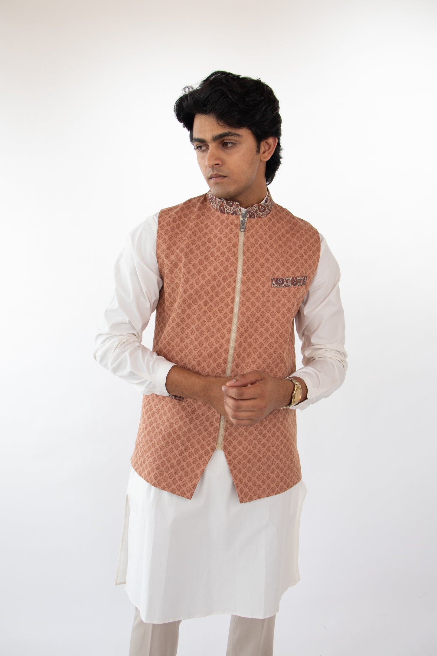 1 OF 1 TAN BROWN PRINTED WAIST COAT